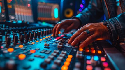 A close-up reveals a sound engineer's hands skillfully fine-tuning levels on a DAW screen, emblematic of expert music production. - obrazy, fototapety, plakaty