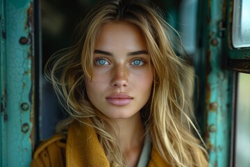 Fototapeta premium Beautiful young lady with blonde hair and blue eyes leans on a vintage tram