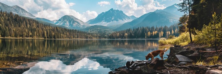 Siberian Husky explores a cool mountain lake on a hot summer day, surrounded by mountains and forests created with Generative AI Technology - obrazy, fototapety, plakaty