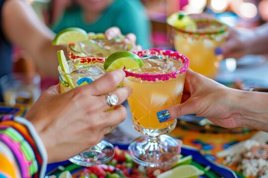 people toasting with margaritas at mexican restaurant, colorful and bright Generative AI