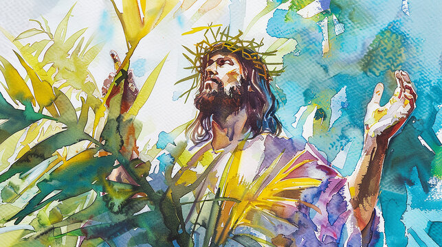 aquarela de  Jesus Cristo no Domingo de Ramos, conceito religioso cristão