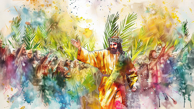 aquarela de  Jesus Cristo no Domingo de Ramos, conceito religioso cristão