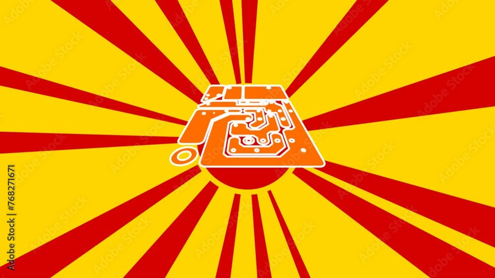 Poster printed circuit board on the background of animation from moving rays of the sun. large orange symbo