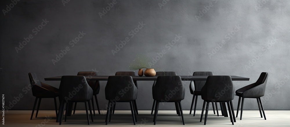 Poster a close up of a table with multiple chairs surrounding it, and a small decorative vase placed in the