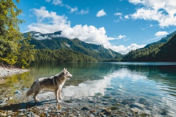 Siberian Husky explores a cool mountain lake on a hot summer day, surrounded by mountains and forests created with Generative AI Technology
