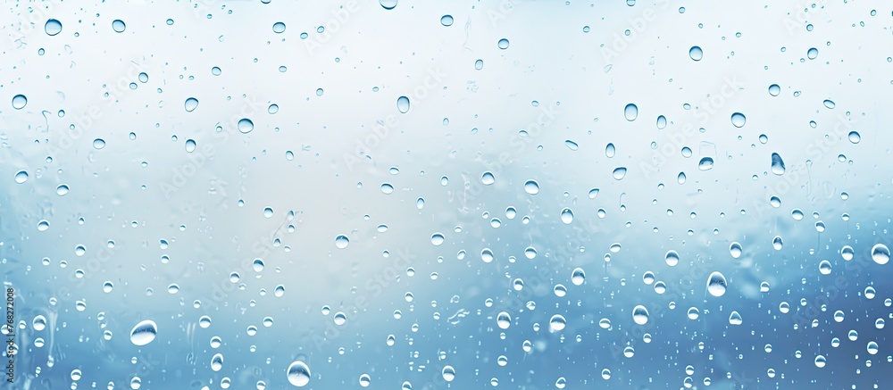Poster moisture in the form of rain drops is trickling down a window against an electric blue backdrop, cre