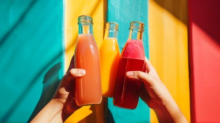 Three glass bottles of fresh fruit juice in vibrant colors - orange, red, and purple - against a colorful background, illuminated by sunlight. Perfect for juice bars, tourism, and summer promotions.