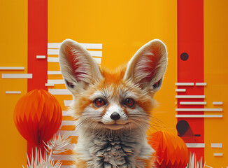 A cute little fennec fox with big ears is standing in front of a yellow background. The animal is smiling and looking at the camera
