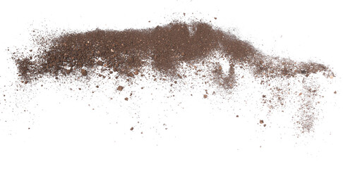 Dirt flying, soil pile scattered isolated on white background