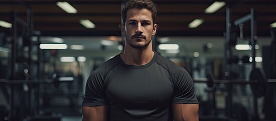 A bodybuilder with a musclebound chest and defined jawline, sporting facial hair, stands in a gym, ready for a physical fitness event, sleeves rolled up, confidently looking at the camera
