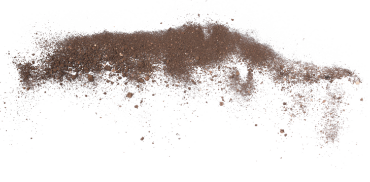 Dirt flying, soil pile scattered isolated on white background