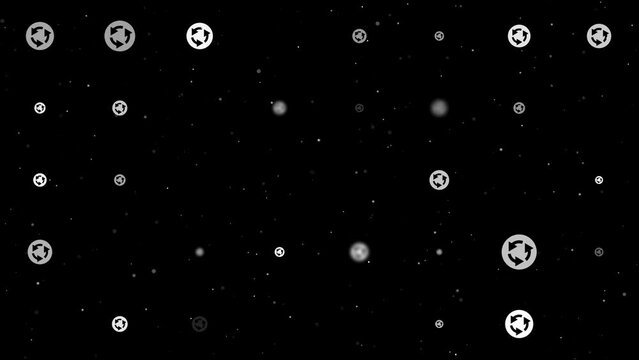 Template animation of evenly spaced roundabout signs of different sizes and opacity. Animation of transparency and size. Seamless looped 4k animation on black background with stars