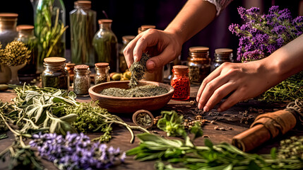 A person is preparing a mixture of herbs and spices on a table - obrazy, fototapety, plakaty