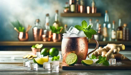 Fotobehang Chilled Moscow Mule in Copper Mug with Fresh Lime © arinahabich