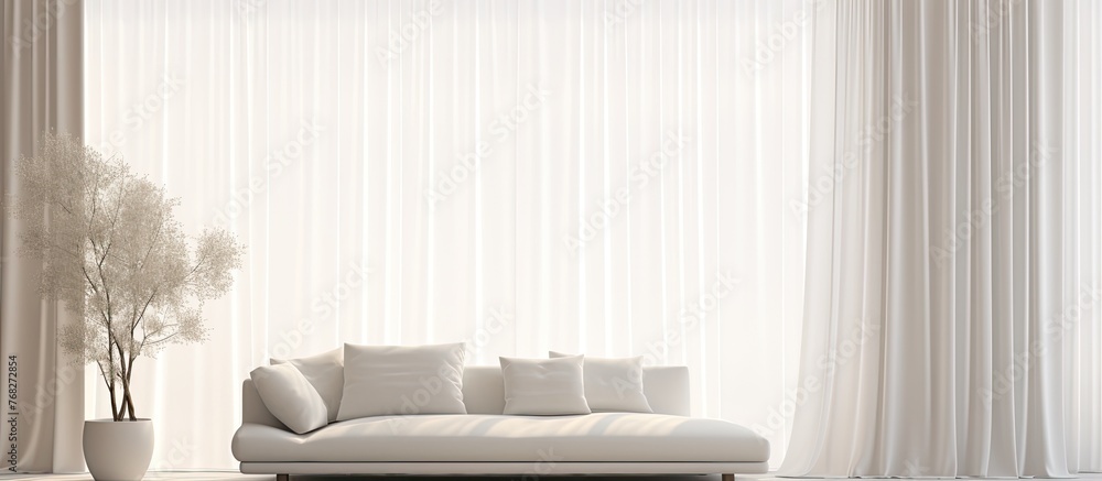 Poster a close up of a comfortable couch placed in a room with a stylish curtain, creating a cozy and invit