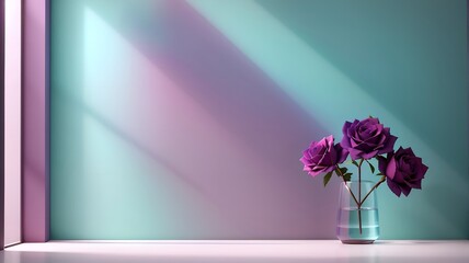 Minimal abstract background for product presentation with rose vase in blue and purple colours 