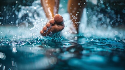 Detailed close-up of a swimmer's feet kicking vigorously beneath the water's surface, demonstrating the propulsion and speed of individual sports swimming. - obrazy, fototapety, plakaty