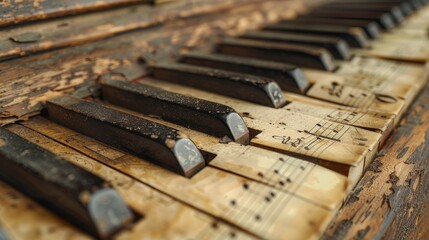 Surrounded by nostalgic sheet music, a vintage piano keyboard adorned with faded ivory keys offers...
