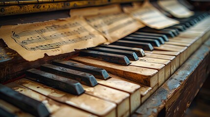 Adorned with faded ivory keys, a vintage piano keyboard takes center stage amidst nostalgic sheet...