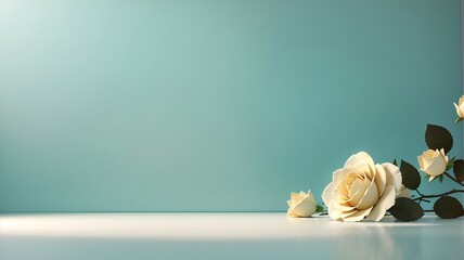 A empty background for product presentation in teal color with cream color roses, floral background 