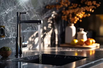 Poster Luxury Chrome Kitchen Faucet, Designer Marble Backsplash © Serge's AI Art