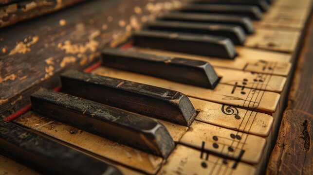 Precise close-up of a vintage piano keyboard adorned with faded ivory keys, surrounded by nostalgic sheet music, reminiscing about musical eras gone by.
