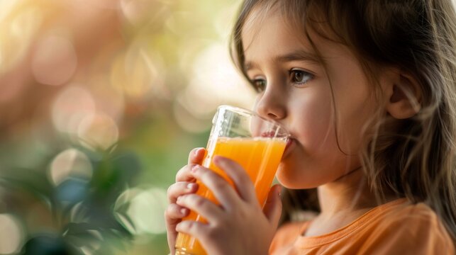 A young girl with beautiful brown hair is happily drinking orange juice. She is wearing an orange shirt, set against a warm, inviting, blurry light orange background.