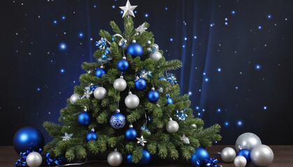 christmas tree with blue and silver toys on the dark background with bokeh lights