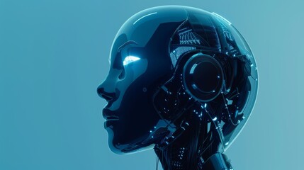 Obraz premium Futuristic AI robot head, sleek minimalist, engaging eye, gradient blue. AI robot head with a sleek design and a glowing eye stands out.