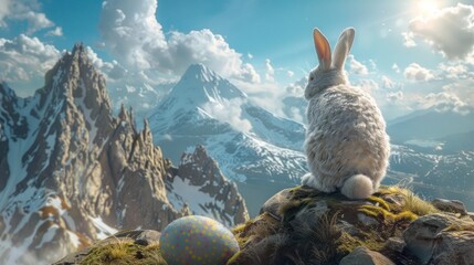 Amazing pictures Kung Fu Bunny and his Easter eggs on a towering mountain - obrazy, fototapety, plakaty