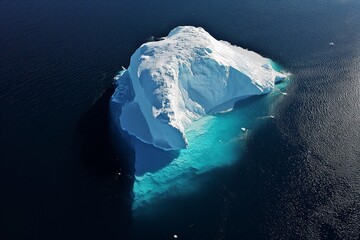 A solitary iceberg, highlighted by the sunlight, floats majestically in the deep blue ocean