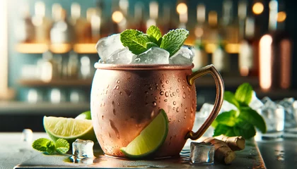 Foto op Plexiglas Chilled Moscow Mule in Copper Mug with Fresh Lime © arinahabich