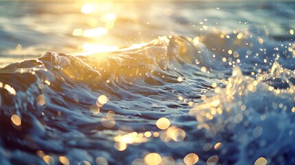 Detailed view of sea waves in morning sunlight. bokeh sunset radiance on summer beach ideal for wallpaper backdrop