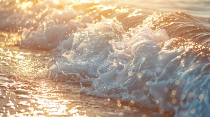 Close-up view of sparkling sea waves in morning sunlight. bokeh sunset radiance on summer beach perfect for background
