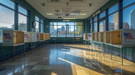 Row of voting booths in a windowfilled room with hardwood flooring