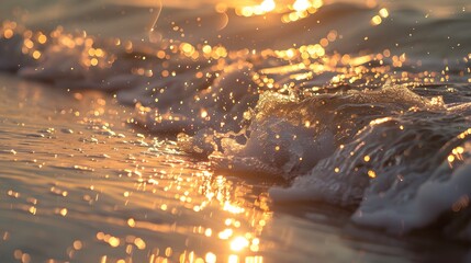 Close-up of morning sea waves under the shimmering sun. bokeh sunset glow on summer beach perfect for wallpaper