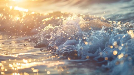 Close-up of sparkling sea waves in morning sunlight. bokeh sunset glow on summer beach perfect for wallpaper