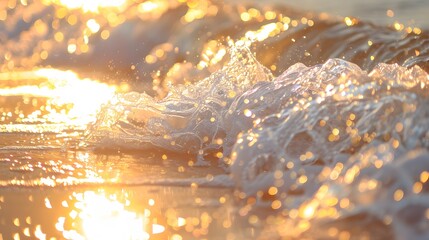 Close-up of sea waves in morning sunlight. bokeh sunset radiance on summer beach perfect for wallpaper background