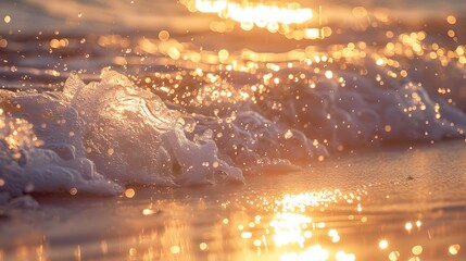 Detailed shot of sparkling sea waves in morning sunlight. beach bathed in bokeh sunset glow ideal for wallpaper backdrop