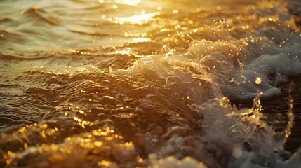 Close-up view of sparkling sea waves in morning sunlight. bokeh sunset glow on summer beach perfect for wallpaper