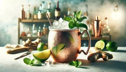Zelfklevend Fotobehang Chilled Moscow Mule in Copper Mug with Fresh Lime © arinahabich
