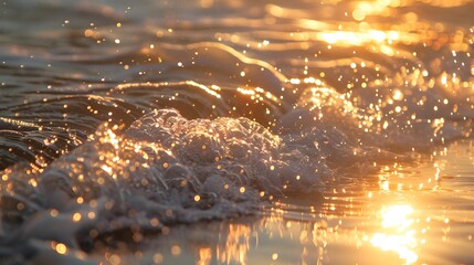 Morning sea waves with glistening sunlight. bokeh sunset light on summer beach perfect for wallpaper background