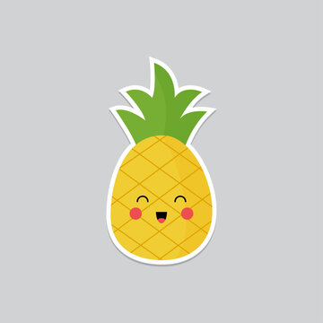 Retro groovy fruit characters. Funky cartoon mascot of pineapple with happy smile face, hands and feet. Summer Fruit vector illustration. Fruits juicy sticker pack.