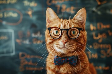 cute smart ginger cat teacher in glasses on the background of a school chalkboard - obrazy, fototapety, plakaty