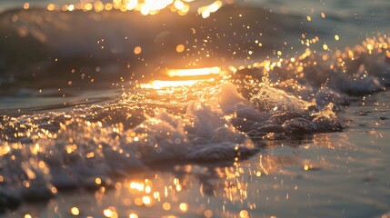 Detailed shot of morning sea waves with glistening sunlight. beach illuminated by bokeh sunset radiance ideal for wallpaper