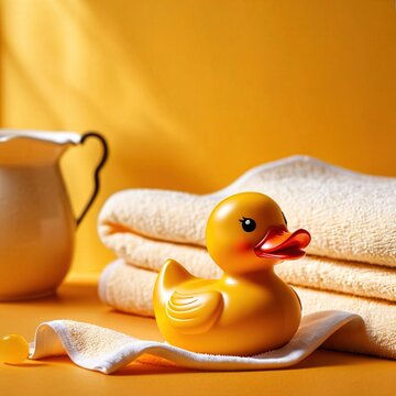 Fun bath time for kids, shown by rubber duck with towels