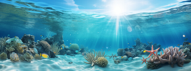 Vibrant Underwater Scene with Coral Reefs and School of Fish in Sunlit Waters