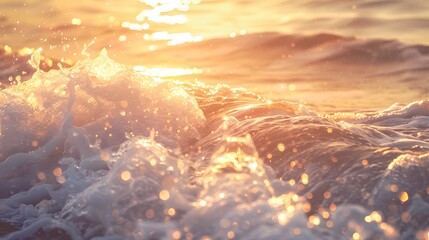 Detailed shot of sparkling sea waves in morning sunlight. beach bathed in bokeh sunset glow ideal for wallpaper backdrop