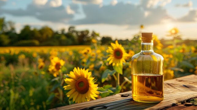 Bottle with oil on the background of a field with sunflowers