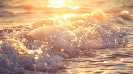 Sea waves in morning sunlight with sun's sparkle. beach bathed in bokeh sunset light ideal for wallpaper backdrop